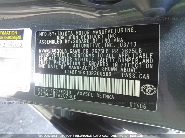 4T4BF1FK1DR300989 - 2013 TOYOTA CAMRY L/SE/LE/XLE GRAY photo 9