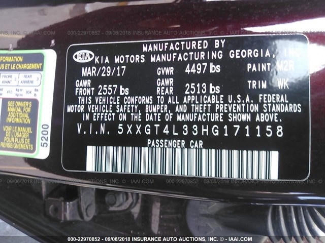 5XXGT4L33HG171158 - 2017 KIA OPTIMA LX MAROON photo 9