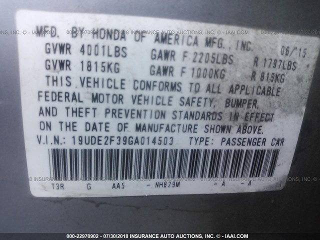 19UDE2F39GA014503 - 2016 ACURA ILX WATCH PLUS Light Blue photo 9