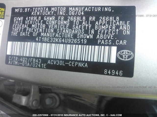 4T1BE32K64U926519 - 2004 TOYOTA CAMRY LE/XLE/SE Qızıl foto 9
