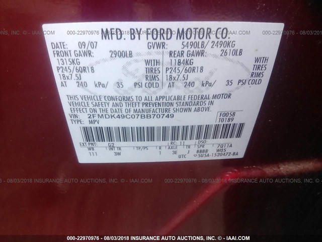 2FMDK49C07BB70749 - 2007 FORD EDGE SEL PLUS RED photo 9