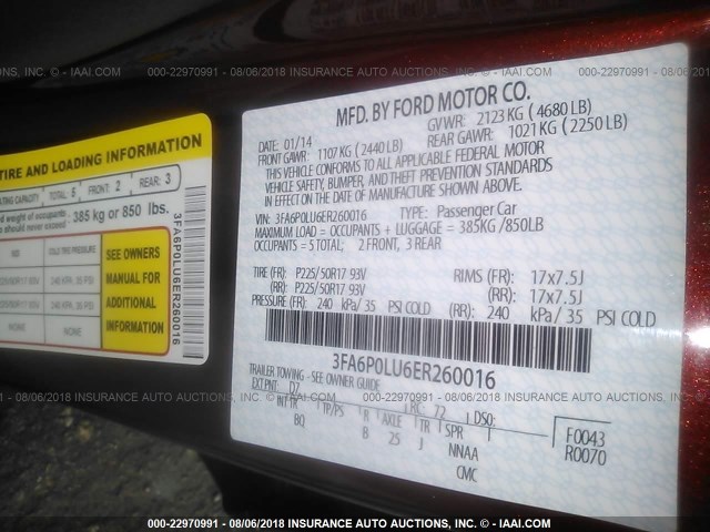 3FA6P0LU6ER260016 - 2014 FORD FUSION SE HYBRID RED photo 9