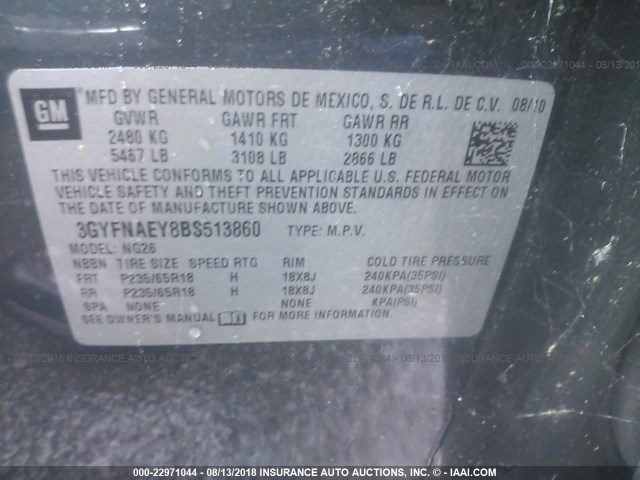 3GYFNAEY8BS513860 - 2011 CADILLAC SRX LUXURY COLLECTION GRAY photo 9