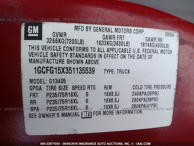 1GCFG15X351135539 - 2005 CHEVROLET EXPRESS G1500  RED photo 9