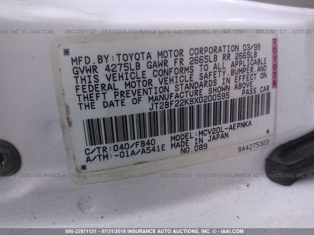 JT2BF22K8X0200595 - 1999 TOYOTA CAMRY LE/XLE WHITE photo 9