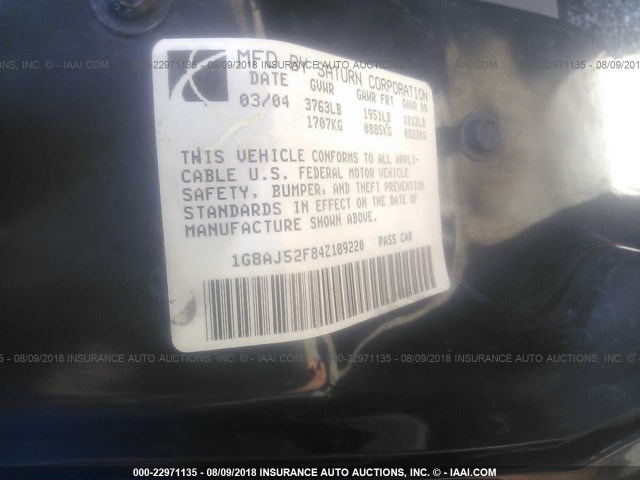 1G8AJ52F84Z189220 - 2004 SATURN ION LEVEL 2 Qara foto 9