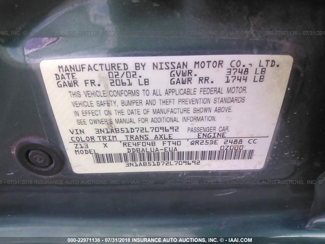 3N1AB51D72L709692 - 2002 NISSAN SENTRA SE-R SPEC V GREEN photo 9