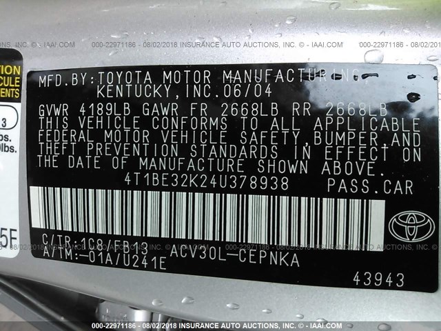 4T1BE32K24U378938 - 2004 TOYOTA CAMRY LE/XLE/SE 银色 照片 9