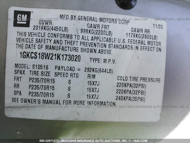 1GKCS18W21K173020 - 2001 GMC JIMMY GRAY photo 9