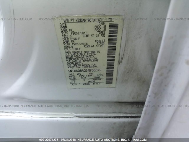 5N1AA08A25N700672 - 2005 NISSAN ARMADA SE/LE WHITE photo 9