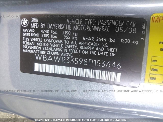 WBAWR33598P153646 - 2008 BMW 328 I SULEV GRAY photo 9