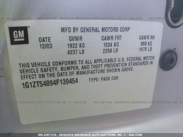 1G1ZT54894F139454 - 2004 CHEVROLET MALIBU LS ნაცრისფერი ფოტო 9