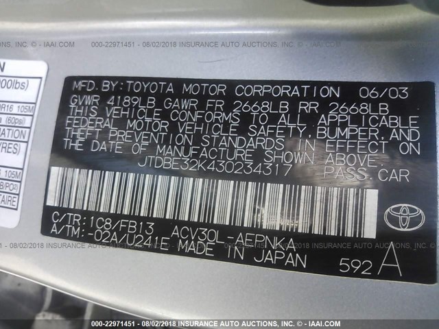 JTDBE32K430234317 - 2003 TOYOTA CAMRY LE/XLE SILVER photo 9