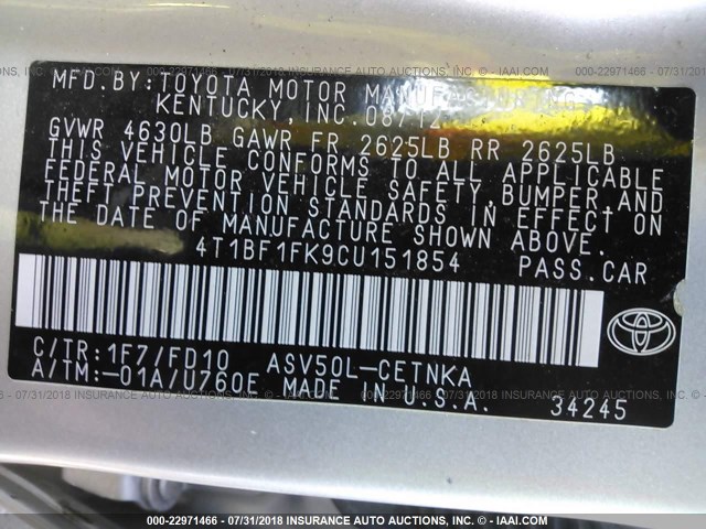 4T1BF1FK9CU151854 - 2012 TOYOTA CAMRY SE/LE/XLE ვერცხლისფერი ფოტო 9