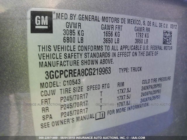 3GCPCREA8CG219963 - 2012 CHEVROLET SILVERADO C1500  LS GRAY photo 9