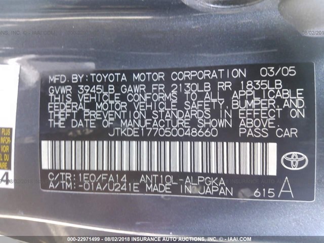 JTKDE177050048660 - 2005 TOYOTA SCION TC 灰色 照片 9