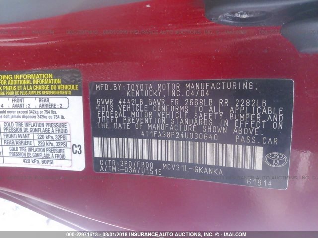 4T1FA38P24U030640 - 2004 TOYOTA CAMRY SOLARA SE/SLE RED photo 9