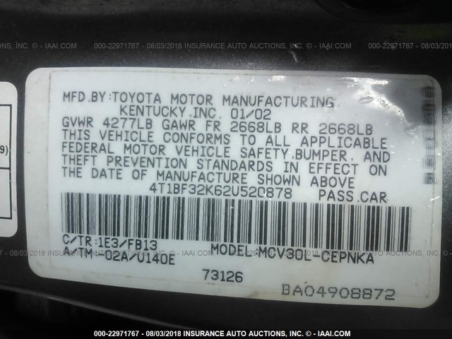 4T1BF32K62U520878 - 2002 TOYOTA CAMRY LE/XLE/SE Boz foto 9