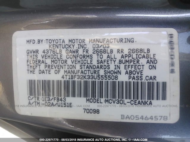 4T1BF32K33U555508 - 2003 TOYOTA CAMRY LE/XLE/SE Boz foto 9