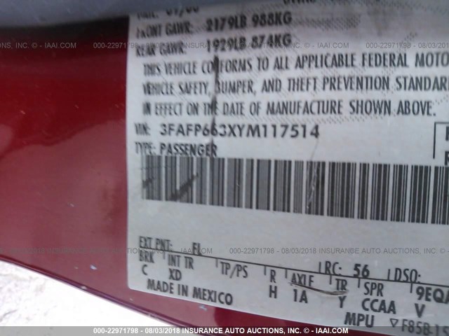 3FAFP663XYM117514 - 2000 FORD CONTOUR SE RED photo 9