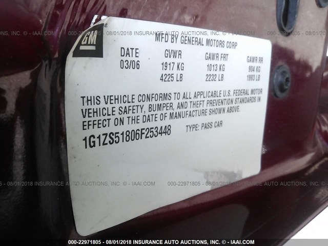 1G1ZS51806F253448 - 2006 CHEVROLET MALIBU LS მუქწითელი ფოტო 9