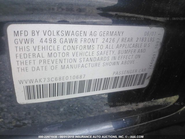 WVWAK73C68E010687 - 2008 VOLKSWAGEN PASSAT KOMFORT BLUE photo 9