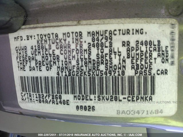 4T1BG22K5XU549710 - 1999 TOYOTA CAMRY CE/LE/XLE 灰色 照片 9