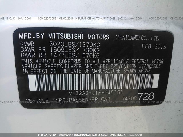 ML32A3HJ1FH045353 - 2015 MITSUBISHI MIRAGE DE WHITE photo 9