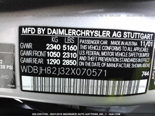 WDBJH82J32X070571 - 2002 MERCEDES-BENZ E 320 4MATIC SILVER photo 9