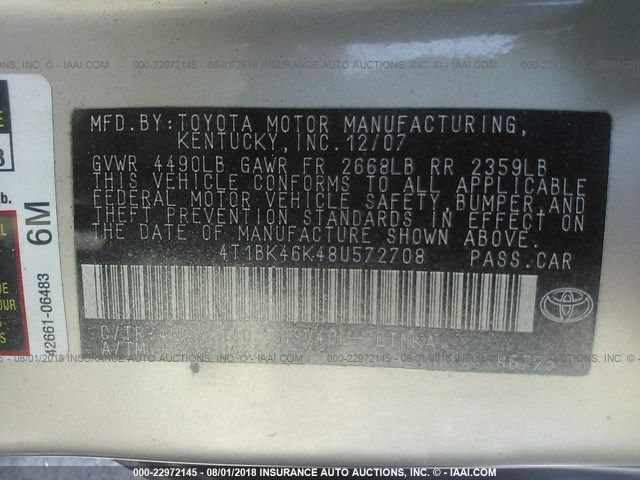 4T1BK46K48U572708 - 2008 TOYOTA CAMRY LE/XLE/SE Qəhvəyi foto 9