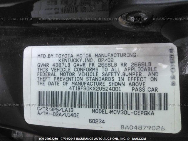 4T1BF30KX2U524001 - 2002 TOYOTA CAMRY LE/XLE/SE Bordo foto 9