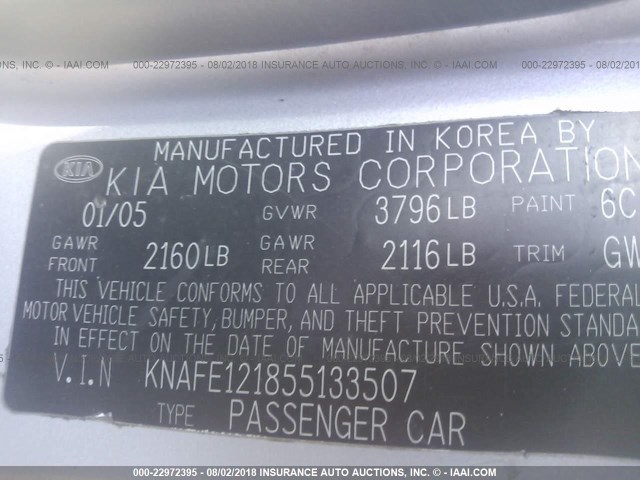 KNAFE121855133507 - 2005 KIA NEW SPECTRA LX/EX SILVER photo 9