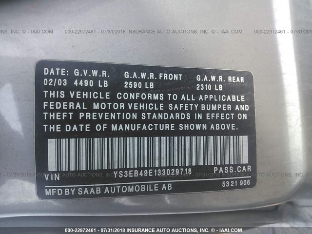 YS3EB49E133029718 - 2003 SAAB 9-5 LINEAR GRAY photo 9