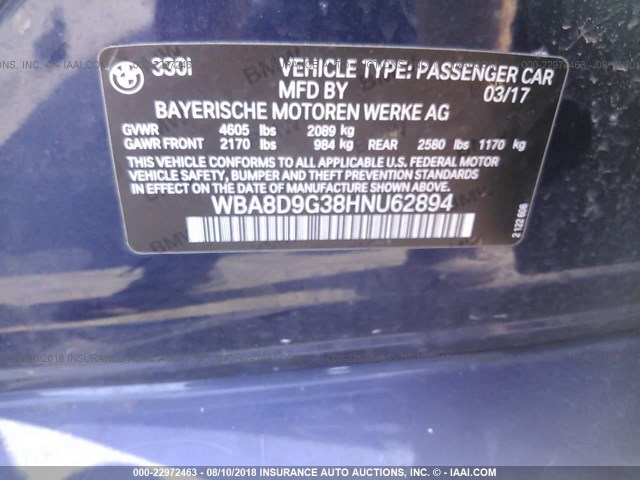 WBA8D9G38HNU62894 - 2017 BMW 330 XI 蓝色 照片 9