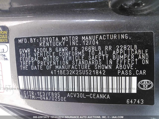 4T1BE32K25U521842 - 2005 TOYOTA CAMRY LE/XLE/SE Boz foto 9