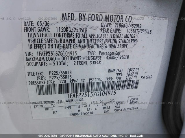 1FAFP25157G104915 - 2007 FORD FIVE HUNDRED LIMITED WHITE photo 9