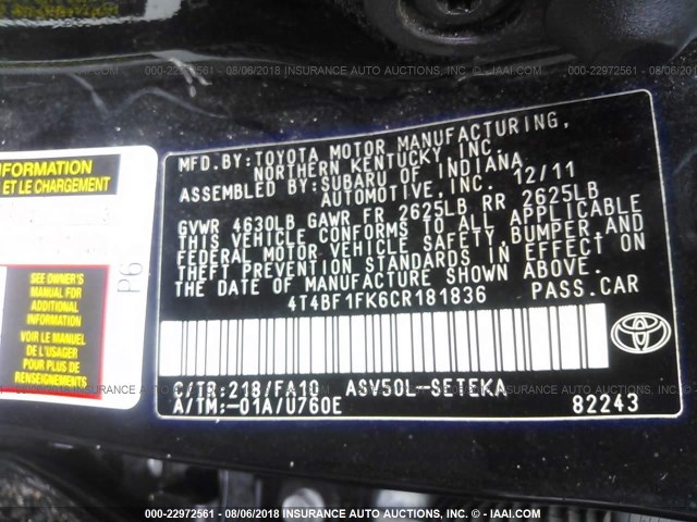 4T4BF1FK6CR181836 - 2012 TOYOTA CAMRY SE/LE/XLE BLACK photo 9