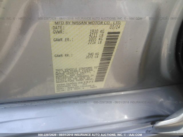 1N4AL3AP0EN363925 - 2014 NISSAN ALTIMA 2.5/S/SV/SL SILVER photo 9