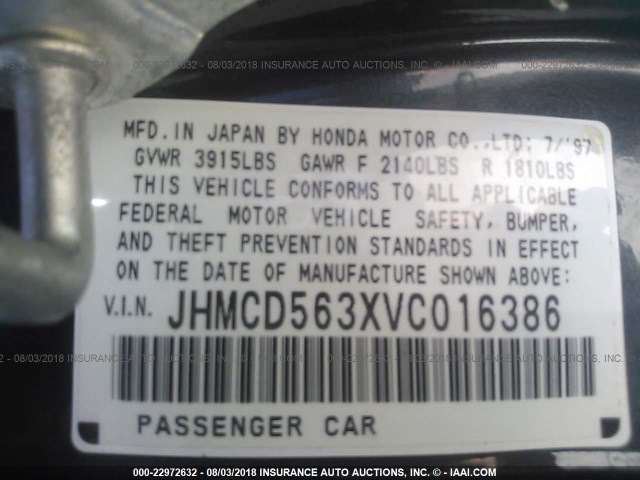 JHMCD563XVC016386 - 1997 HONDA ACCORD LX/EX GRAY photo 9