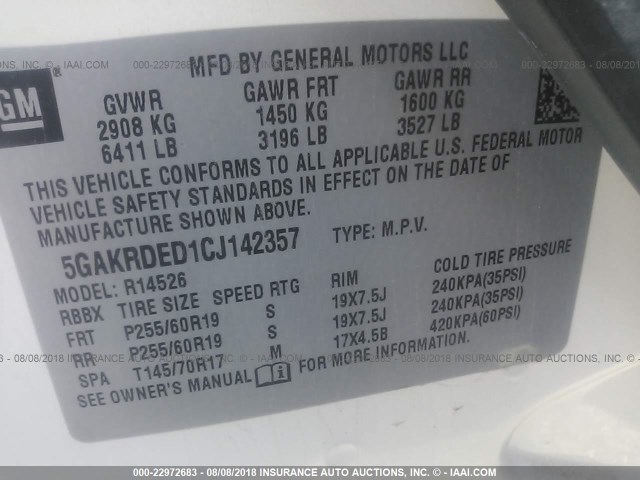 5GAKRDED1CJ142357 - 2012 BUICK ENCLAVE WHITE photo 9