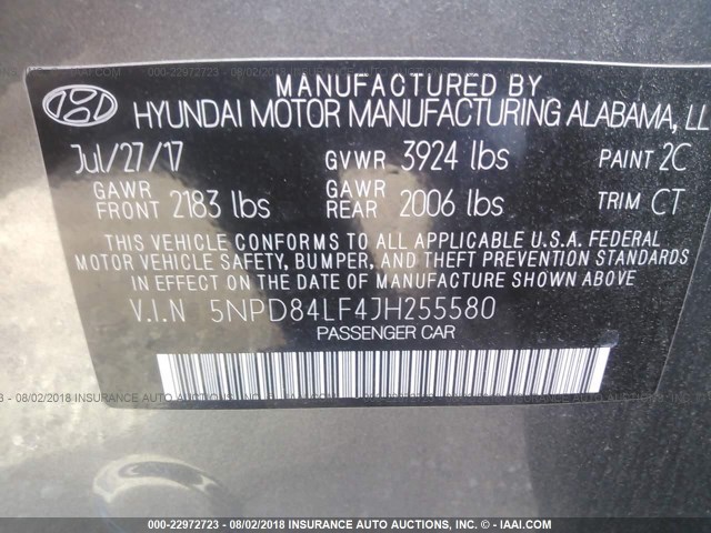 5NPD84LF4JH255580 - 2018 HYUNDAI ELANTRA SEL/VALUE/LIMITED GRAY photo 9