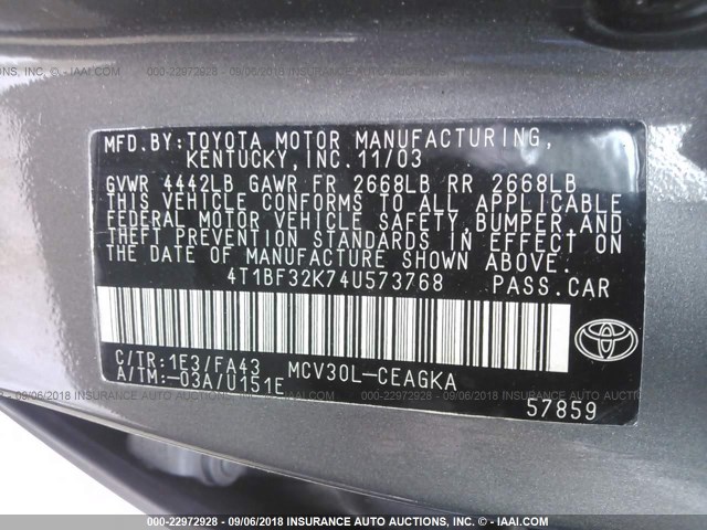 4T1BF32K74U573768 - 2004 TOYOTA CAMRY LE/XLE/SE Boz foto 9