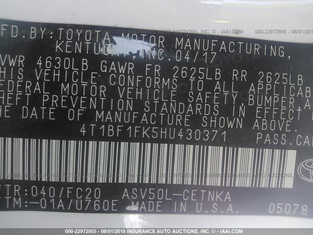 4T1BF1FK5HU430371 - 2017 TOYOTA CAMRY LE/XLE/SE/XSE 白色 照片 9