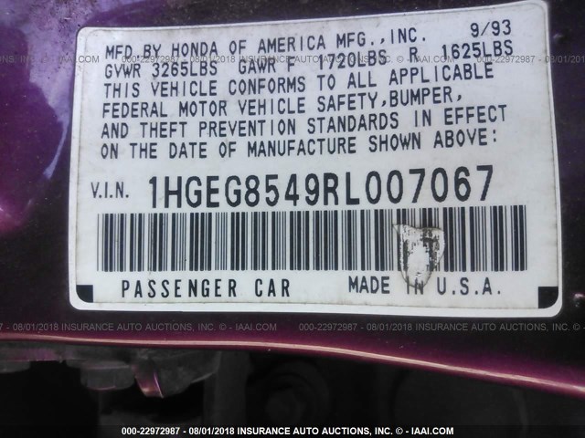 1HGEG8549RL007067 - 1994 HONDA CIVIC DX/LX PURPLE photo 9