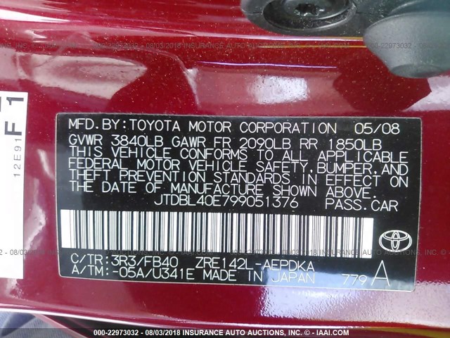 JTDBL40E799051376 - 2009 TOYOTA COROLLA LE/XLE RED photo 9