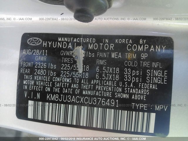 KM8JU3ACXCU376491 - 2012 HYUNDAI TUCSON GLS/LIMITED SILVER photo 9