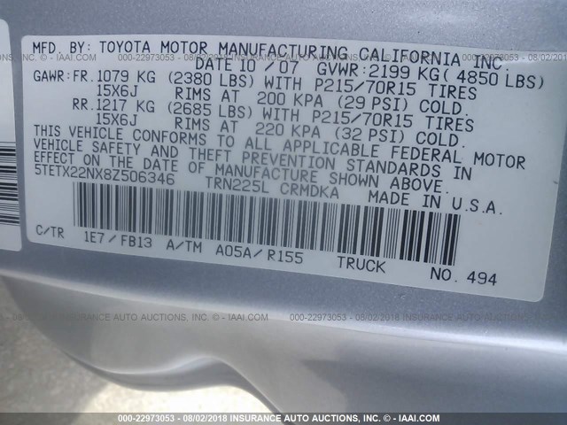 5TETX22NX8Z506346 - 2008 TOYOTA TACOMA ACCESS CAB Сұр фото 9