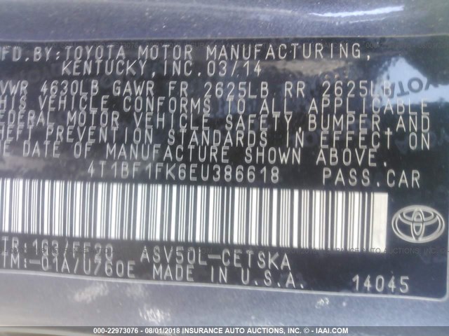 4T1BF1FK6EU386618 - 2014 TOYOTA CAMRY L/SE/LE/XLE 灰色 照片 9