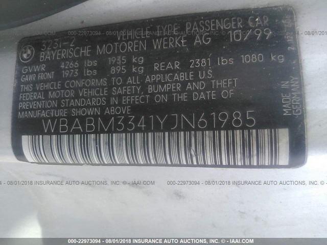 WBABM3341YJN61985 - 2000 BMW 323 CI SILVER photo 9