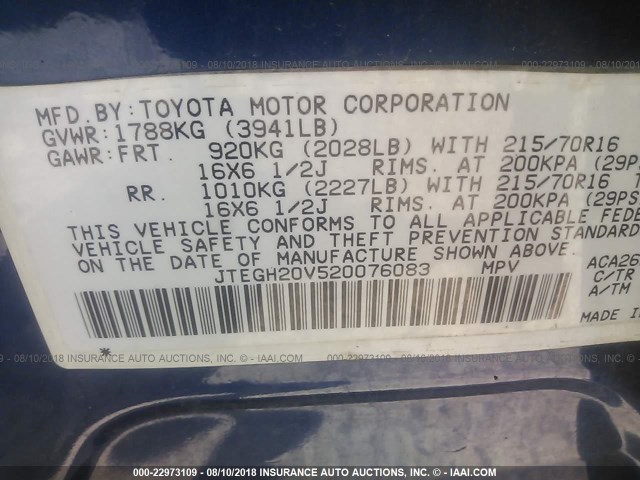 JTEGH20V520076083 - 2002 TOYOTA RAV4 BLUE photo 9